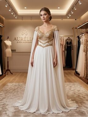Aurelia Ivory Maxi Gown with Gold Beaded Bodice and Draped Cape